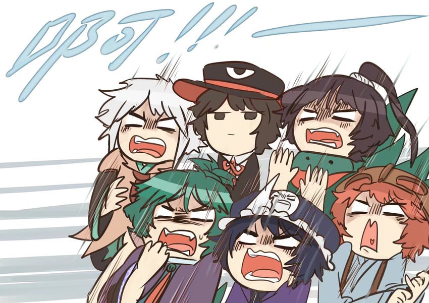 enraku tsubakura, houlen yabusame, shitodo kuroji, adagumo no saragimaru, katano sukune, and 1 more (len'en and 1 more) drawn by nailao