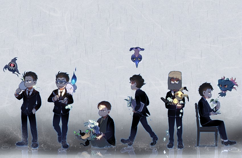 mimikyu, matsuno osomatsu, matsuno karamatsu, matsuno ichimatsu, matsuno jyushimatsu, and 7 more (pokemon and 3 more) drawn by yurauno_yurau