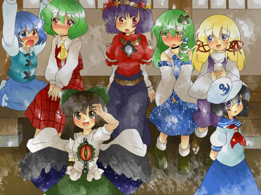 kochiya sanae, moriya suwako, reiuji utsuho, kazami yuuka, tatara kogasa, and 2 more (touhou) drawn by hammer_(sunset_beach)