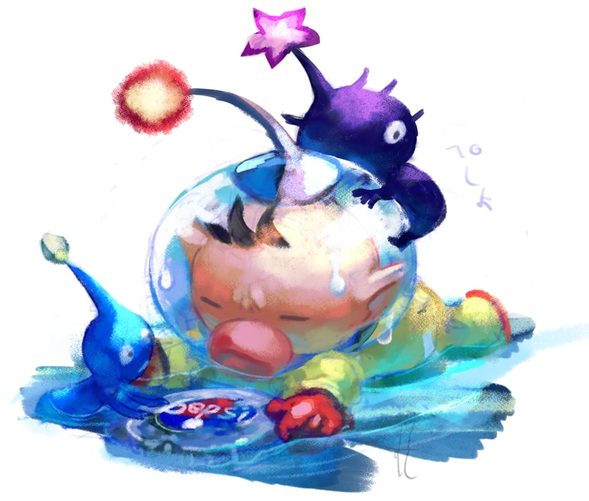 olimar, blue pikmin, and purple pikmin (pikmin) drawn by mudani_narimasu