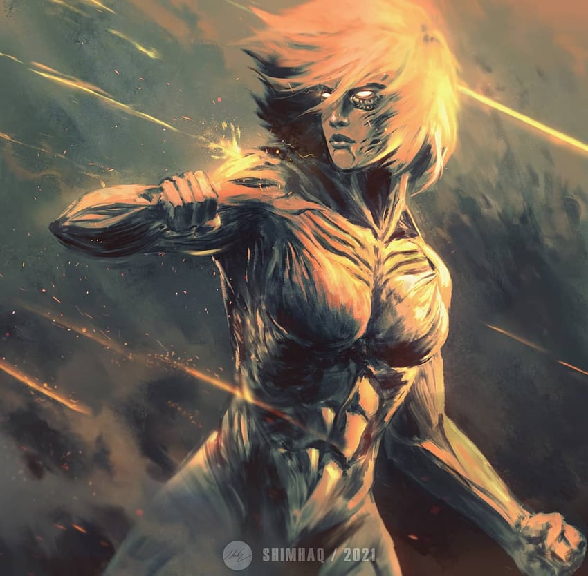 annie leonhart, titan, and female titan (shingeki no kyojin) drawn by shimhaq