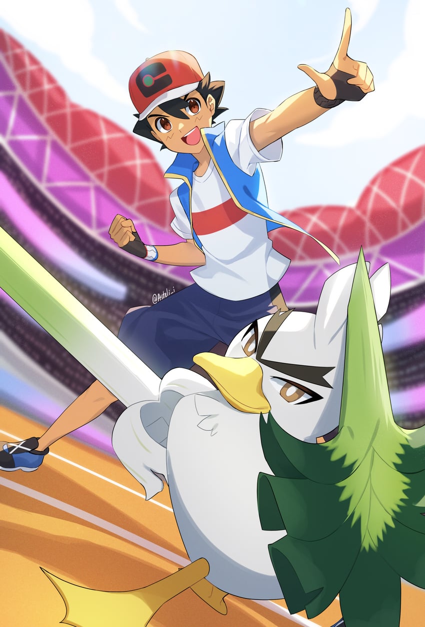 ash ketchum and sirfetch'd (pokemon and 1 more) drawn by asteli