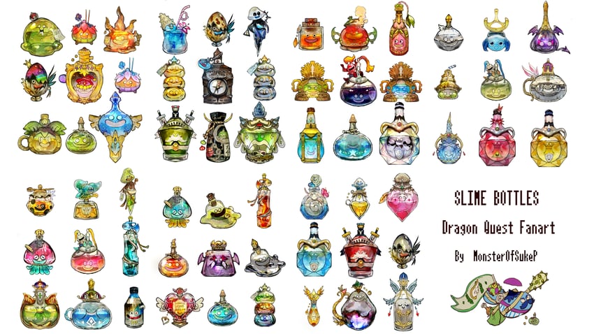 slime, healslime, king slime, metal slime, torneko, and 40 more (dragon quest and 4 more) drawn by sukepmonster