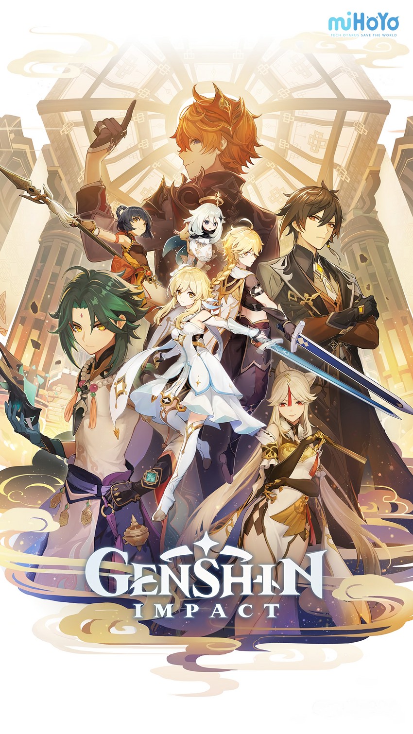 lumine, aether, zhongli, paimon, tartaglia, and 3 more (genshin impact)