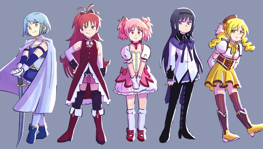 akemi homura, kaname madoka, miki sayaka, sakura kyoko, and tomoe mami (mahou shoujo madoka magica) drawn by eggtempest