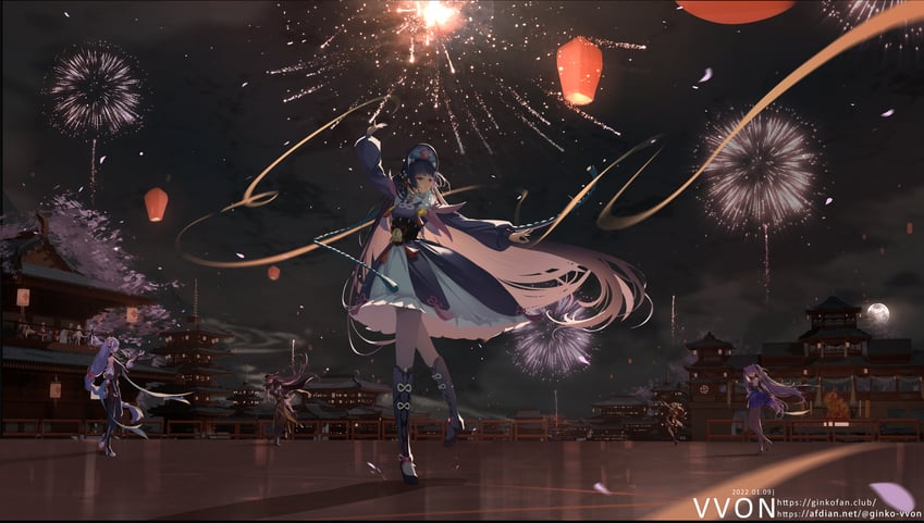 lumine, hu tao, aether, zhongli, keqing, and 10 more (genshin impact) drawn by v-von