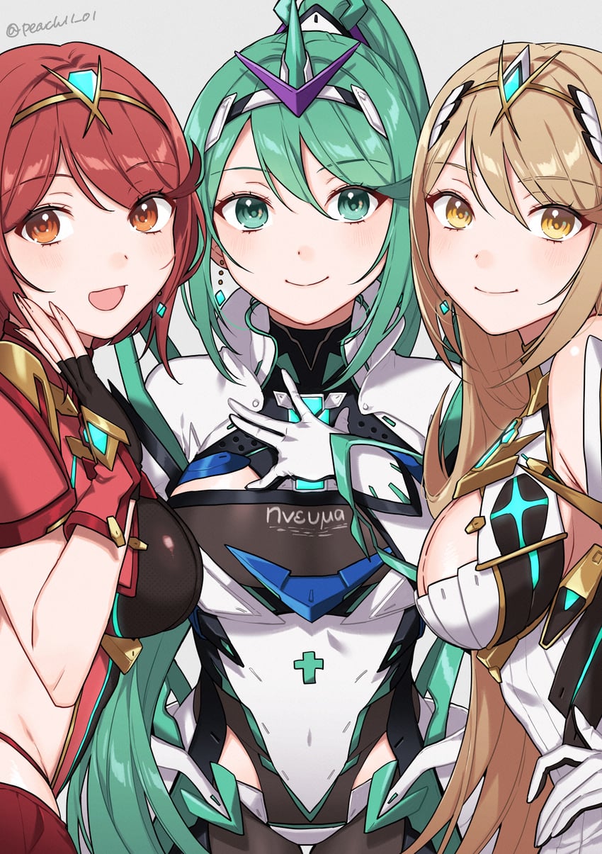 pyra, mythra, and pneuma (xenoblade chronicles and 1 more) drawn by shamu_(peach11_01)