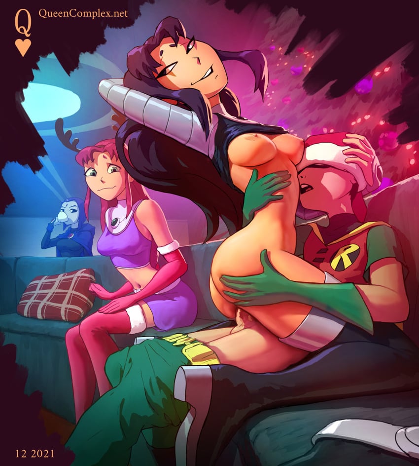 raven, starfire, robin, dick grayson, and blackfire (dc comics and 1 more) drawn by queen_complex
