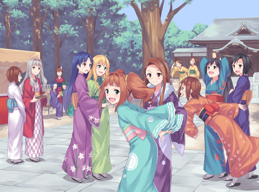 hoshii miki, kisaragi chihaya, amami haruka, kikuchi makoto, shijou takane, and 10 more (idolmaster) drawn by mikaze_takashi