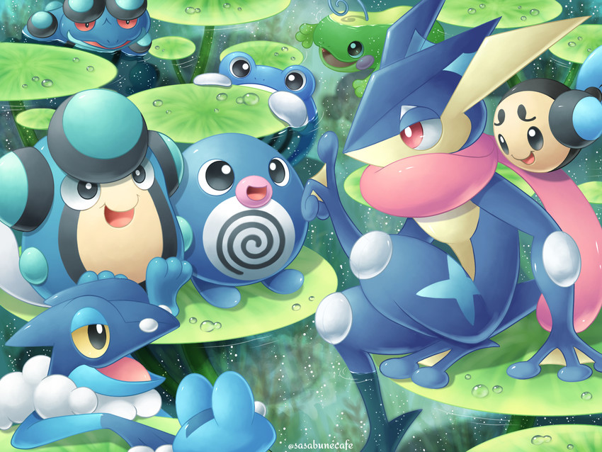 greninja, froakie, poliwag, politoed, poliwhirl, and 4 more (pokemon) drawn by sasabunecafe