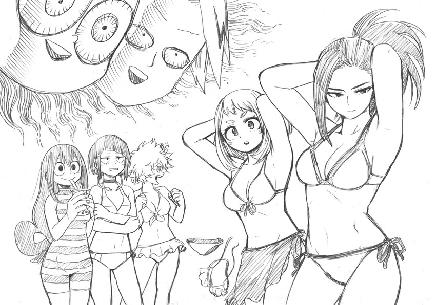 uraraka ochaco, asui tsuyu, yaoyorozu momo, ashido mina, jiro kyoka, and 3 more (boku no hero academia) drawn by horikoshi_kouhei