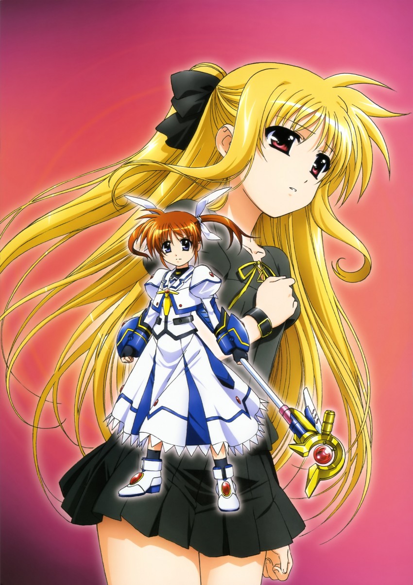 fate testarossa, takamachi nanoha, and raising heart (lyrical nanoha and 3 more) drawn by okuda_yasuhiro