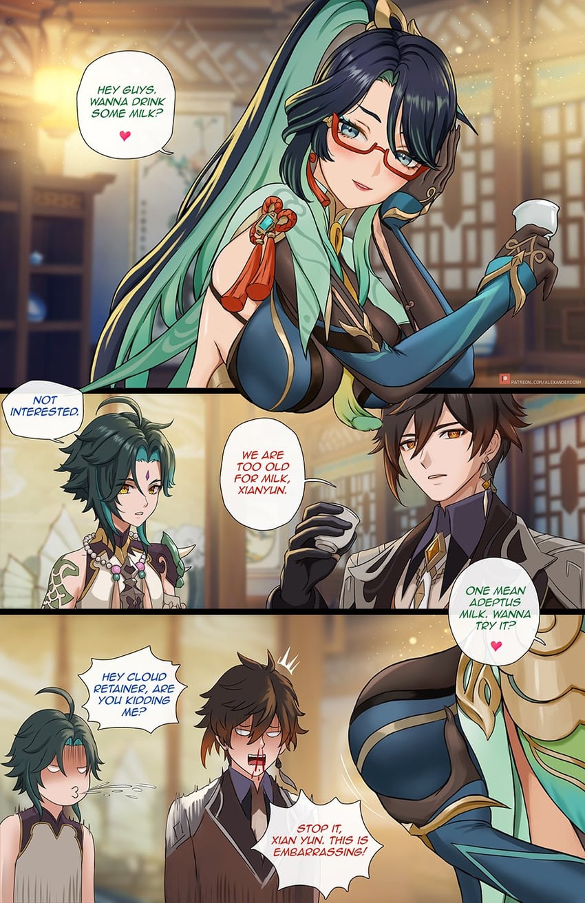 zhongli, xiao, and xianyun (genshin impact) drawn by alexander_dinh
