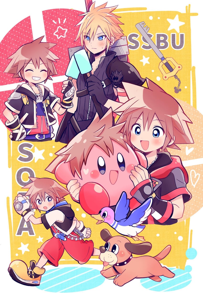 cloud strife, kirby, sora, dog, and duck (final fantasy and 8 more) drawn by yataba