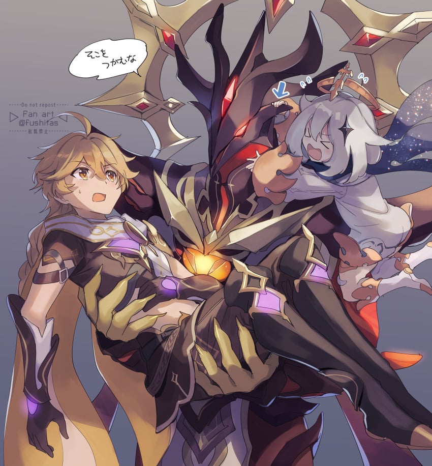 aether, paimon, enjou, and abyss lector (genshin impact) drawn by fushitasu