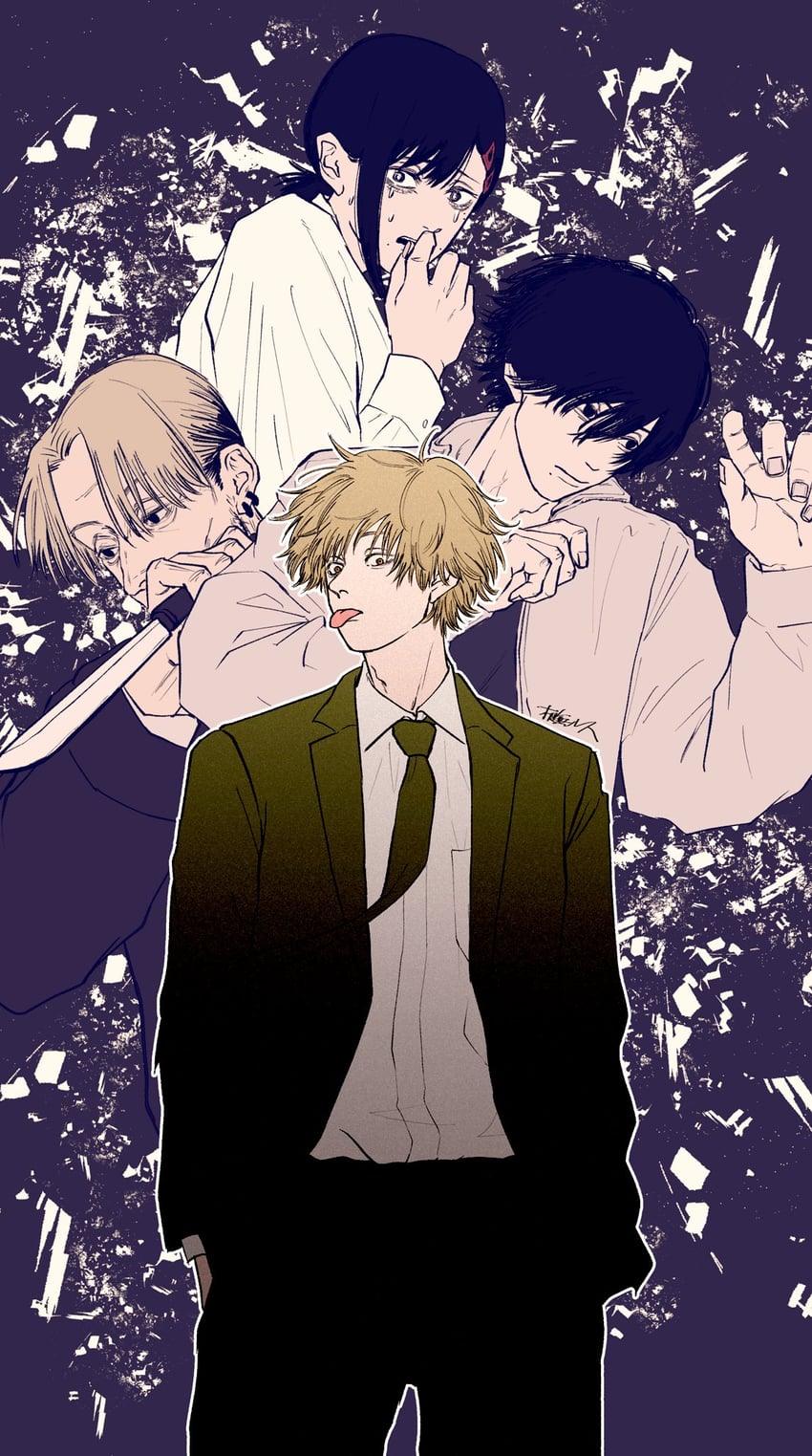 denji, higashiyama kobeni, yoshida hirofumi, and kishibe (chainsaw man) drawn by nenashibito