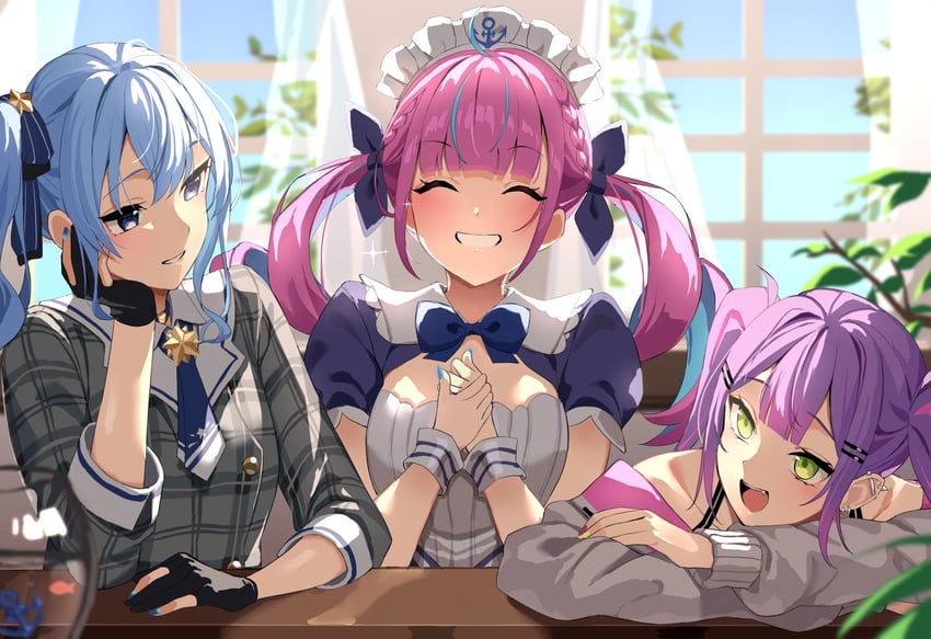 hoshimachi suisei, minato aqua, and tokoyami towa (hololive) drawn by uuroncha