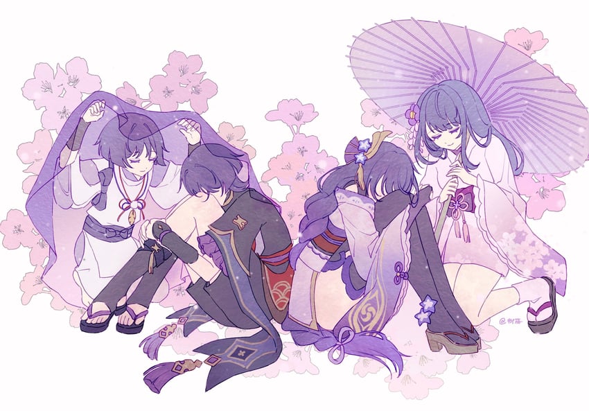 raiden shogun, scaramouche, and makoto (genshin impact) drawn by rainbowsugarflower
