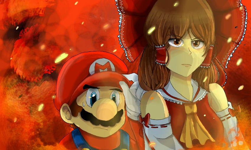 hakurei reimu and mario (touhou and 1 more) drawn by kouwelm