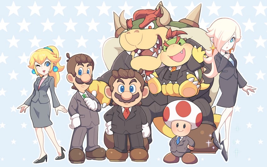princess peach, mario, rosalina, luigi, bowser, and 3 more (mario) drawn by hoshikuzu_pan