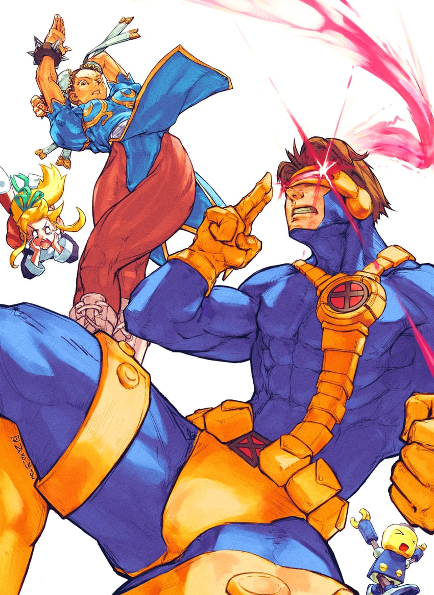chun-li, roll, servbot, and cyclops (street fighter and 5 more) drawn by zero_setsu