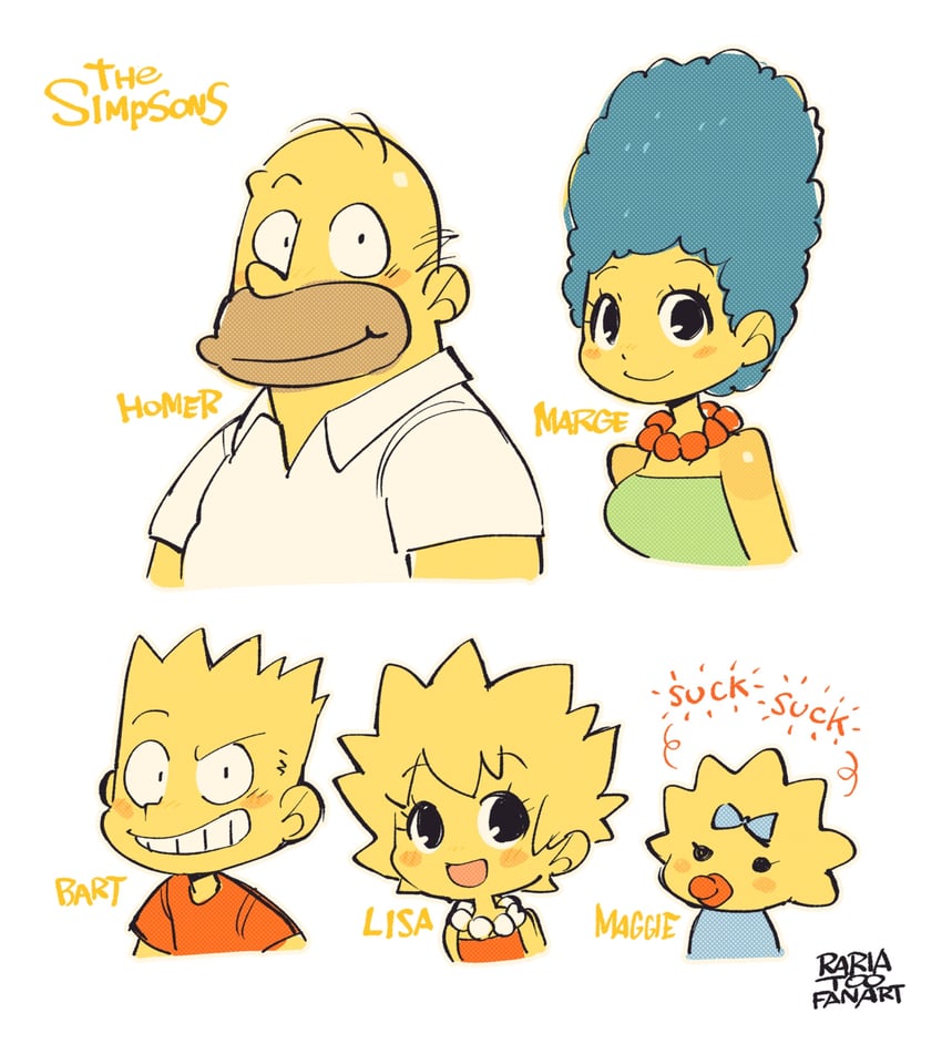 homer simpson, bart simpson, lisa simpson, marge simpson, and maggie simpson (the simpsons) drawn by rariatto_(ganguri)