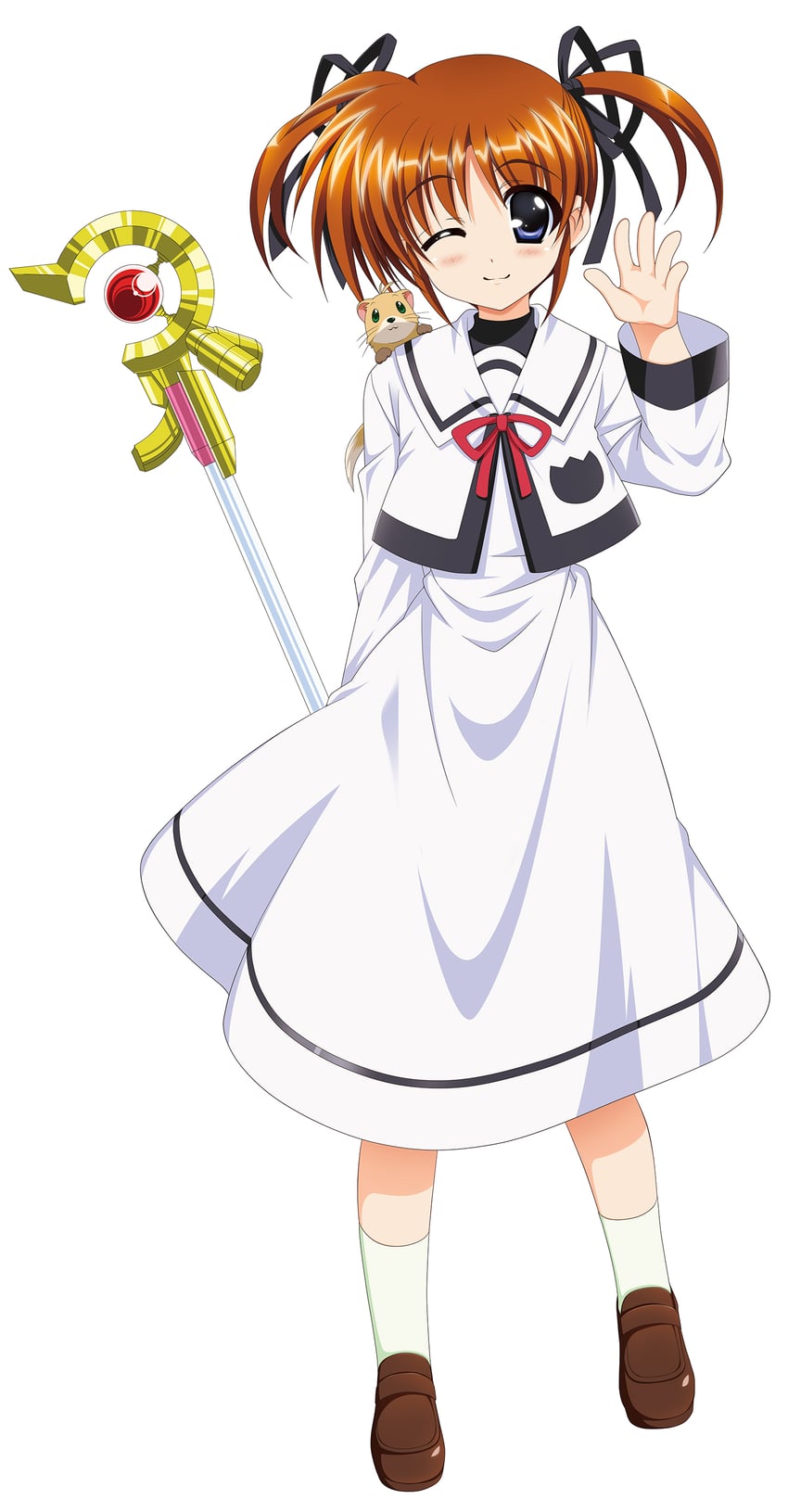 takamachi nanoha, raising heart, and yuuno scrya (lyrical nanoha and 1 more) drawn by higa_yukari