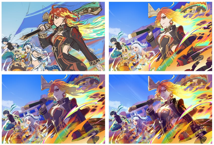 mavuika, mualani, kinich, and kachina (genshin impact) drawn by azukimaru