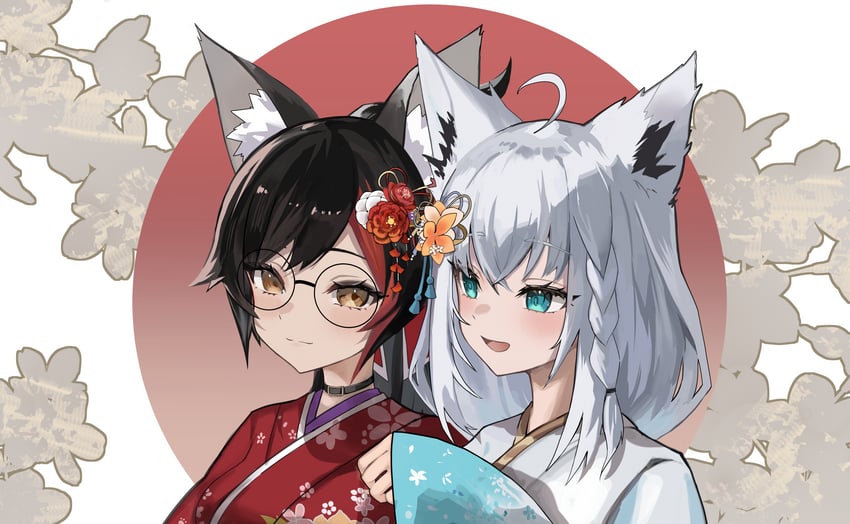 shirakami fubuki and ookami mio (hololive) drawn by gary_huang