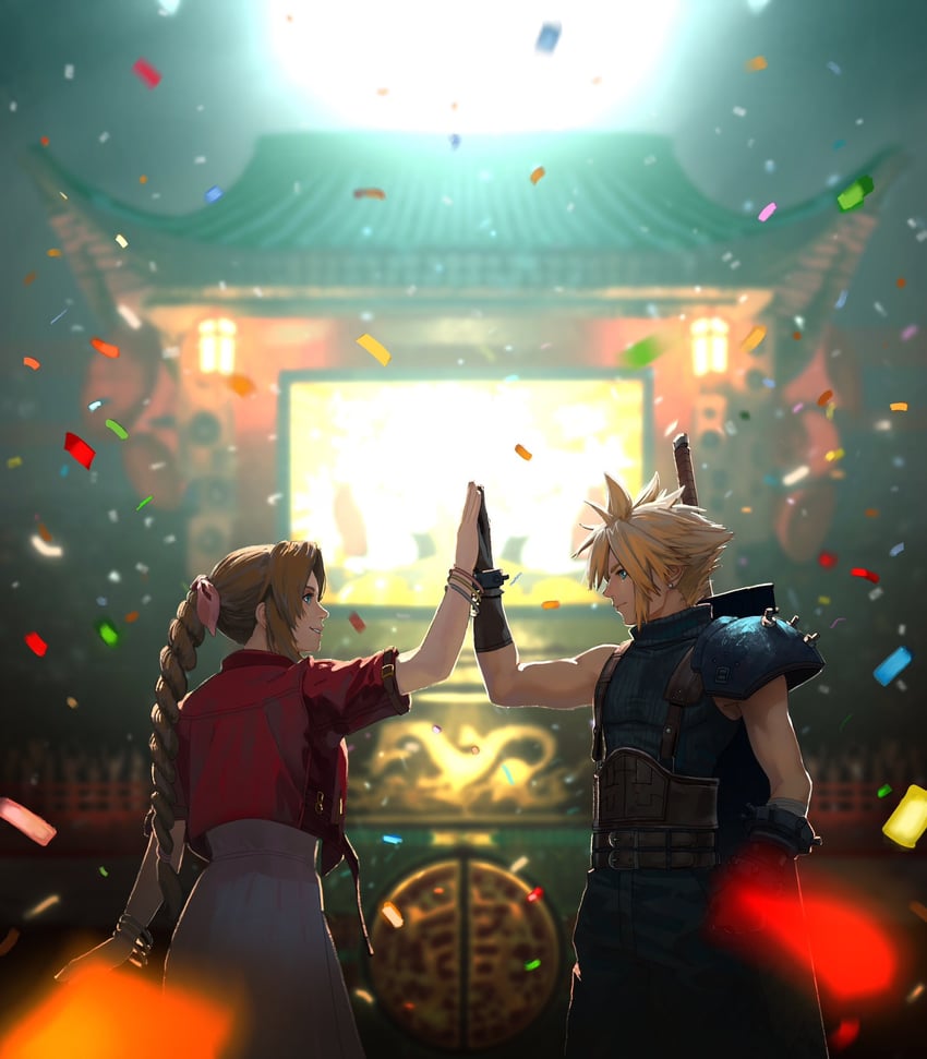 cloud strife and aerith gainsborough (final fantasy and 2 more) drawn by noah_(rokoroko)