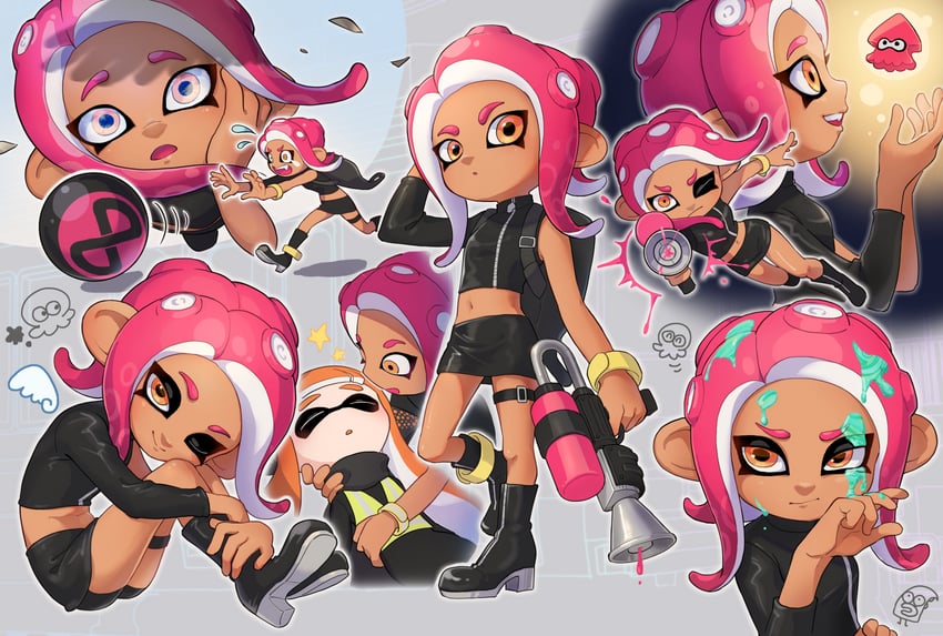 inkling player character, inkling girl, octoling player character, octoling girl, agent 8, and 1 more (splatoon and 2 more) drawn by watakei_(16161717)