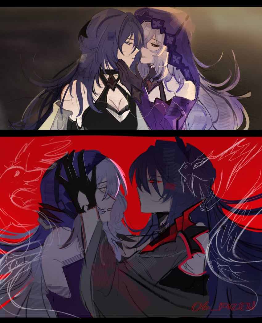 acheron and black swan (honkai and 1 more) drawn by rozen_(og_rozen)