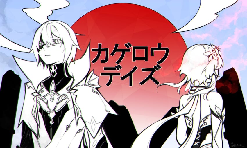 lumine and dainsleif (genshin impact and 2 more) drawn by yuzuyun