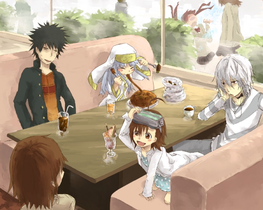 misaka mikoto, shirai kuroko, kamijou touma, accelerator, index, and 2 more (toaru majutsu no index and 1 more) drawn by goskt10trr