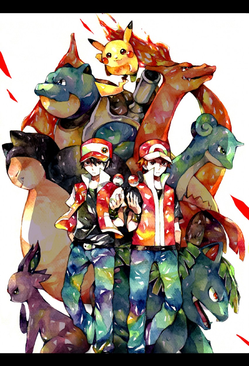 pikachu, red, charizard, espeon, snorlax, and 4 more (pokemon and 4 more) drawn by yuuichi_(bobobo)