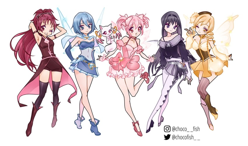 akemi homura, kaname madoka, miki sayaka, sakura kyoko, tomoe mami, and 1 more (mahou shoujo madoka magica and 1 more) drawn by chocofish