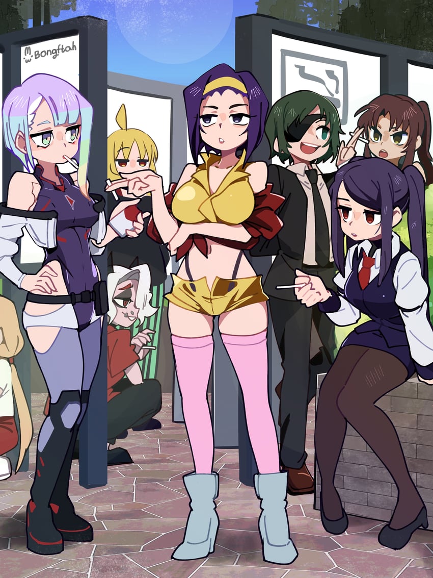 futaba anzu, himeno, lucy, jill stingray, revy, and 3 more (idolmaster and 9 more) drawn by bongfill