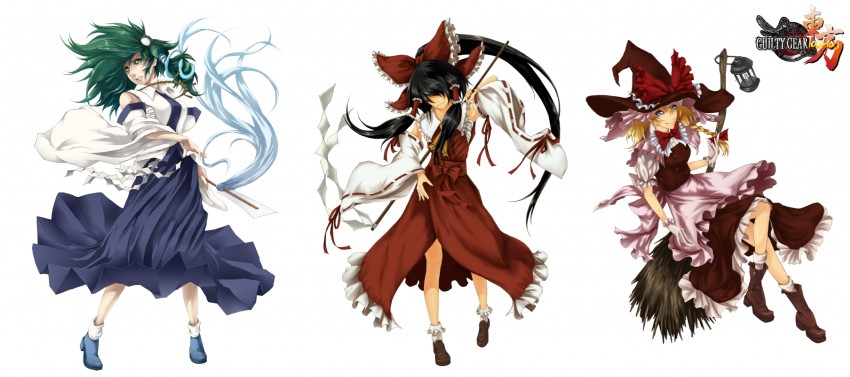 hakurei reimu, kirisame marisa, kochiya sanae, sol badguy, ky kiske, and 1 more (touhou and 1 more) drawn by yuukou