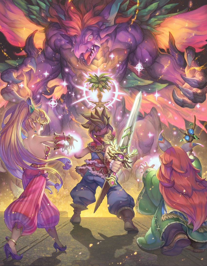 primm, popoi, randi, dryad, and mana dragon (seiken densetsu and 2 more) drawn by haccan