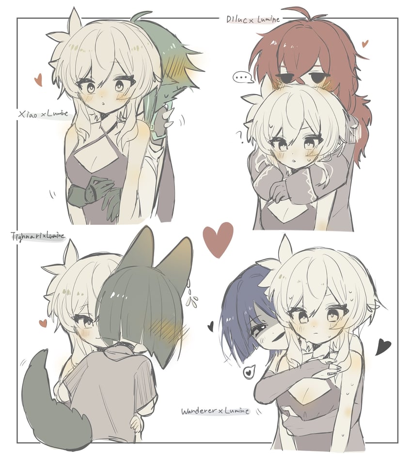 lumine, scaramouche, xiao, diluc, and tighnari (genshin impact) drawn by samon_(vxxr8575)