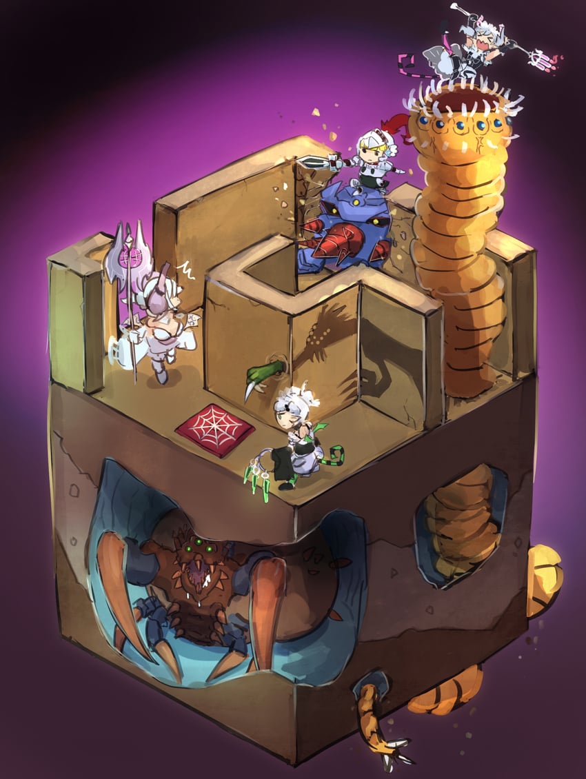 lovely labrynth of the silver castle, knight, arianna the labrynth servant, arianne the labrynth servant, dungeon worm, and 4 more (yu-gi-oh!) drawn by hatano_kiyoshi
