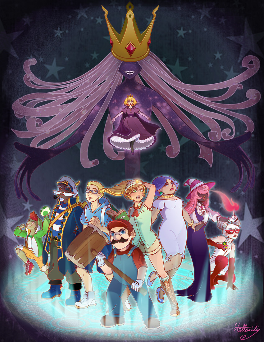 princess peach, mario, yoshi, vivian, goombella, and 7 more (mario and 2 more) drawn by hollarity