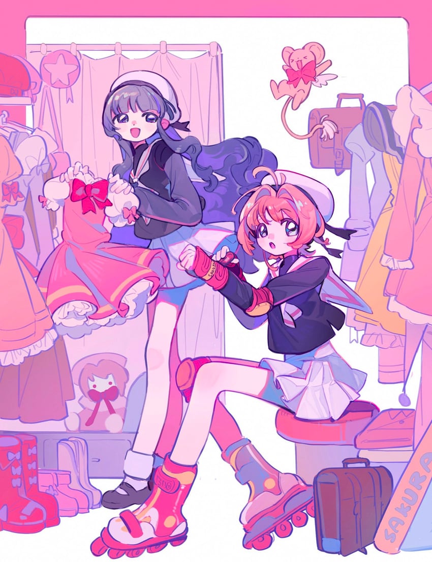 kinomoto sakura, kero, and daidouji tomoyo (cardcaptor sakura) drawn by renzhi00334233