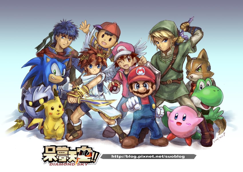 link, pikachu, kirby, red, mario, and 7 more (pokemon and 14 more) drawn by pxl_(pxltw)