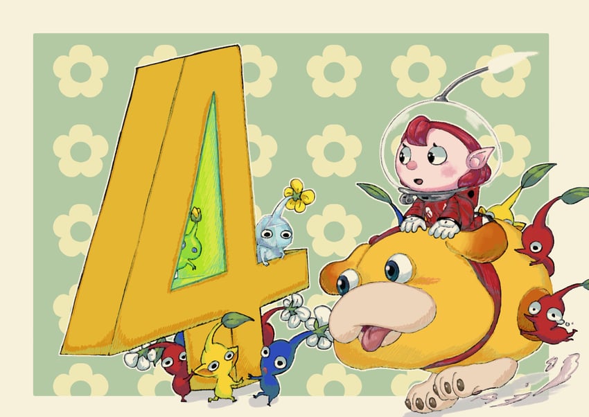 red pikmin, yellow pikmin, blue pikmin, rescue officer, oatchi, and 2 more (pikmin and 1 more) drawn by usuba_(hatomugip)