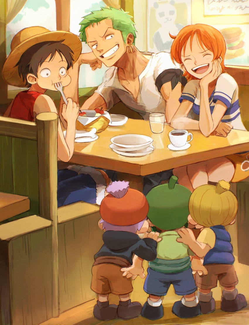 nami, monkey d. luffy, roronoa zoro, piiman, tamanegi, and 1 more (one piece) drawn by oekakiboya