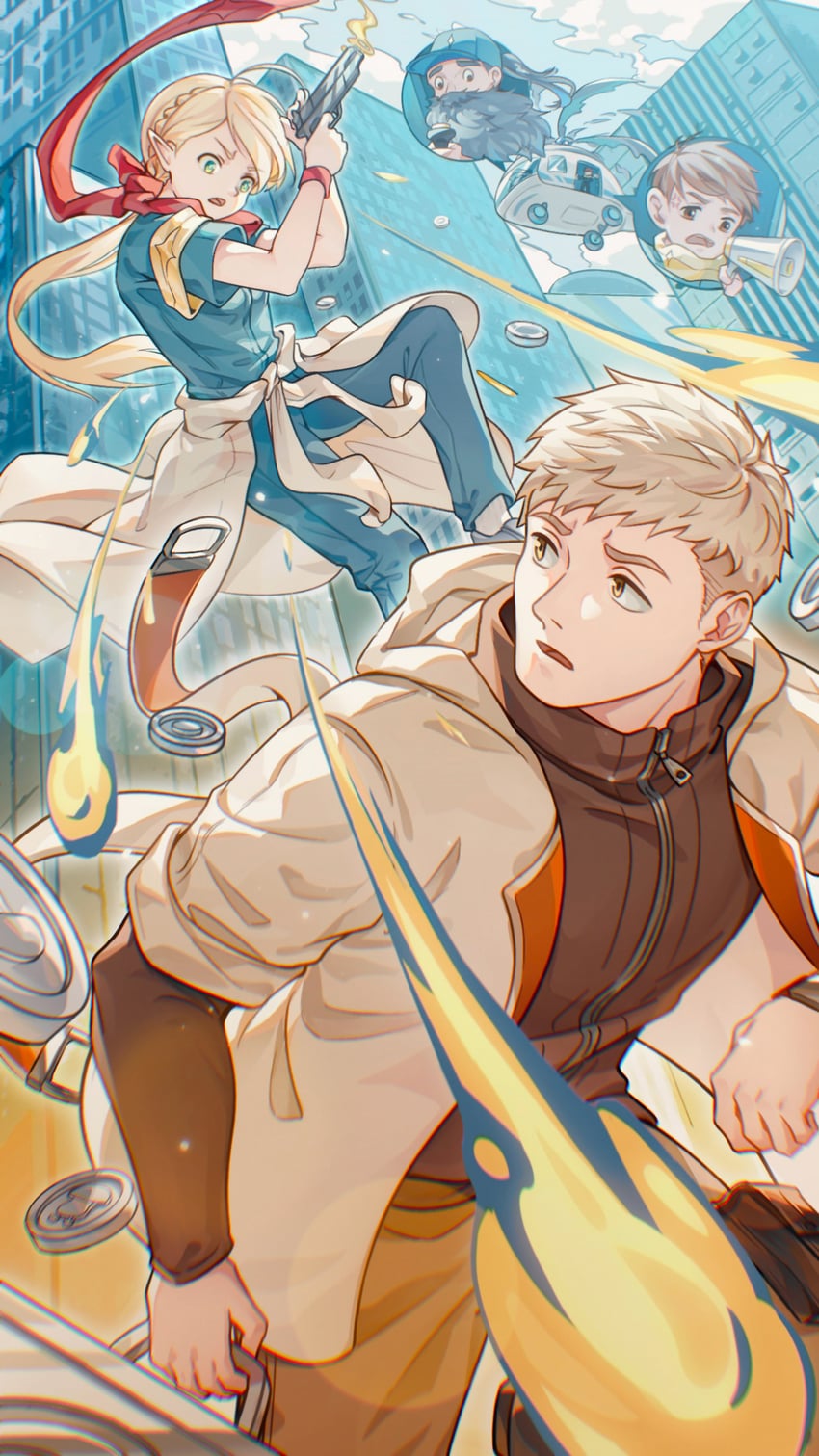 marcille donato, laios touden, senshi, chilchuck tims, and walking mushroom (dungeon meshi) drawn by yato_(alphonse59)