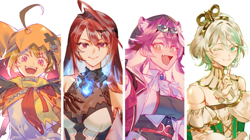 raora panthera, gigi murin, cecilia immergreen, and elizabeth rose bloodflame (hololive and 1 more) drawn by lynnear