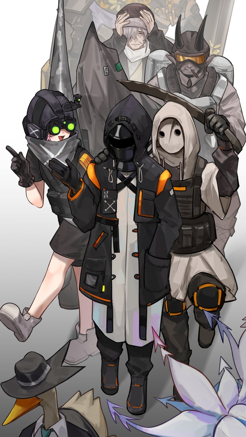 doctor, reunion soldier, seaborn, duck lord, wraith, and 3 more (arknights) drawn by kourou_(kouroukun)
