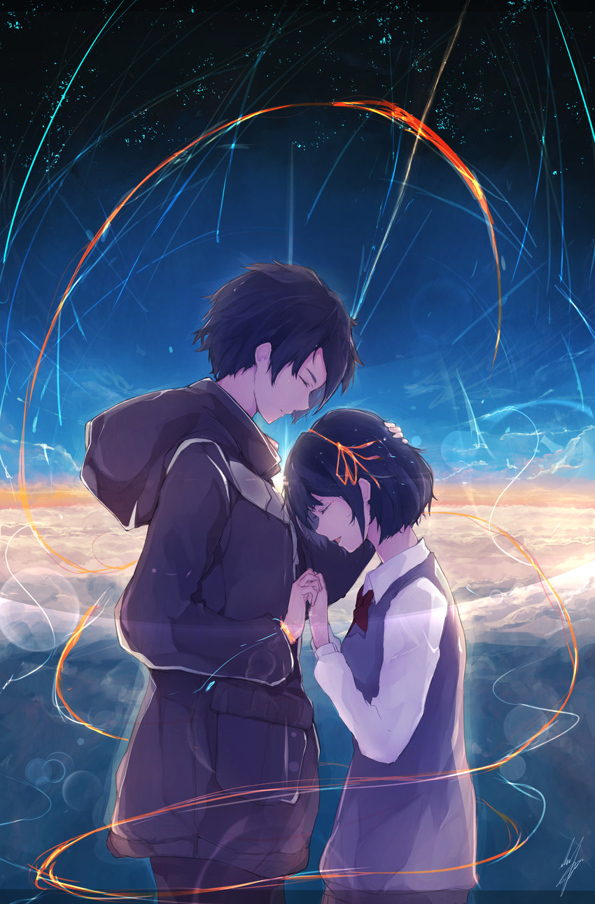 miyamizu mitsuha and tachibana taki (kimi no na wa.) drawn by marumoru